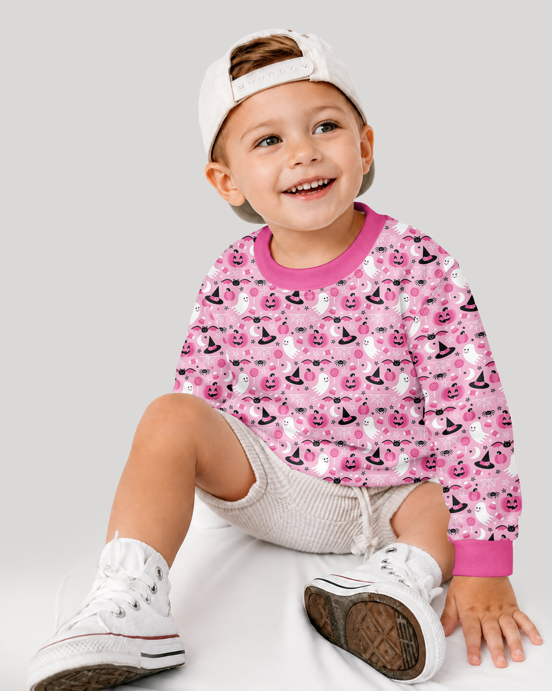 Cute Pink Halloween Ghost Pumpkin Witch Bamboo Crewneck Sweatshirt
