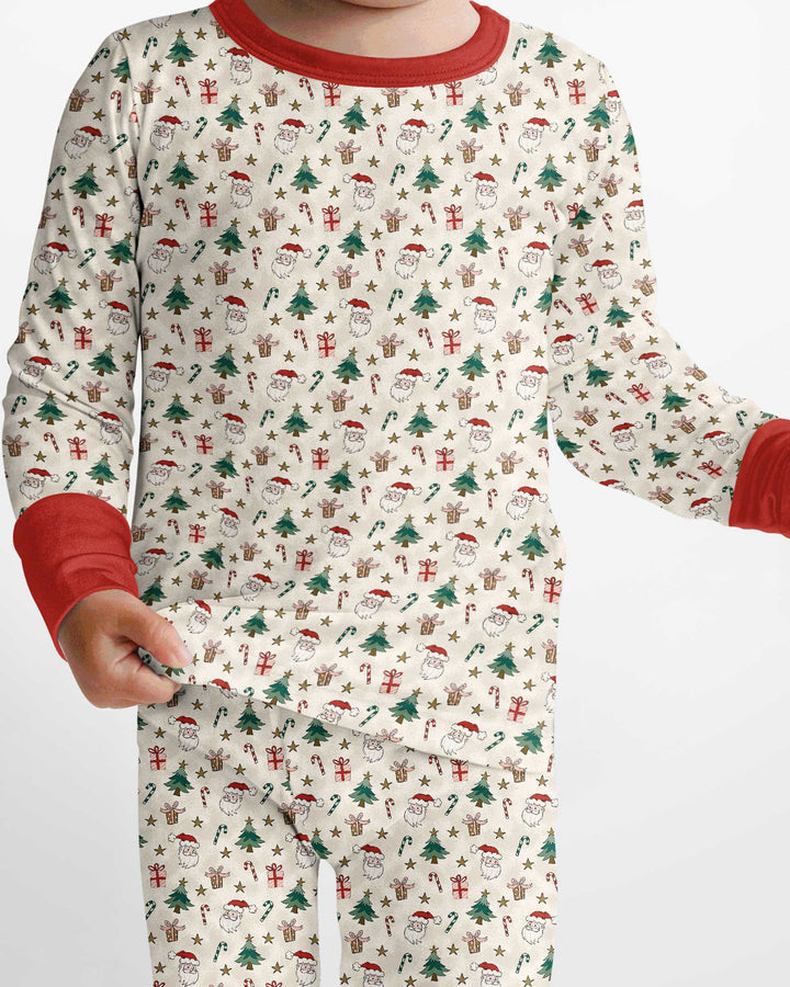 Vintage Santa Christmas Doodles Bamboo Two Piece Long Sleeve Pajama Set