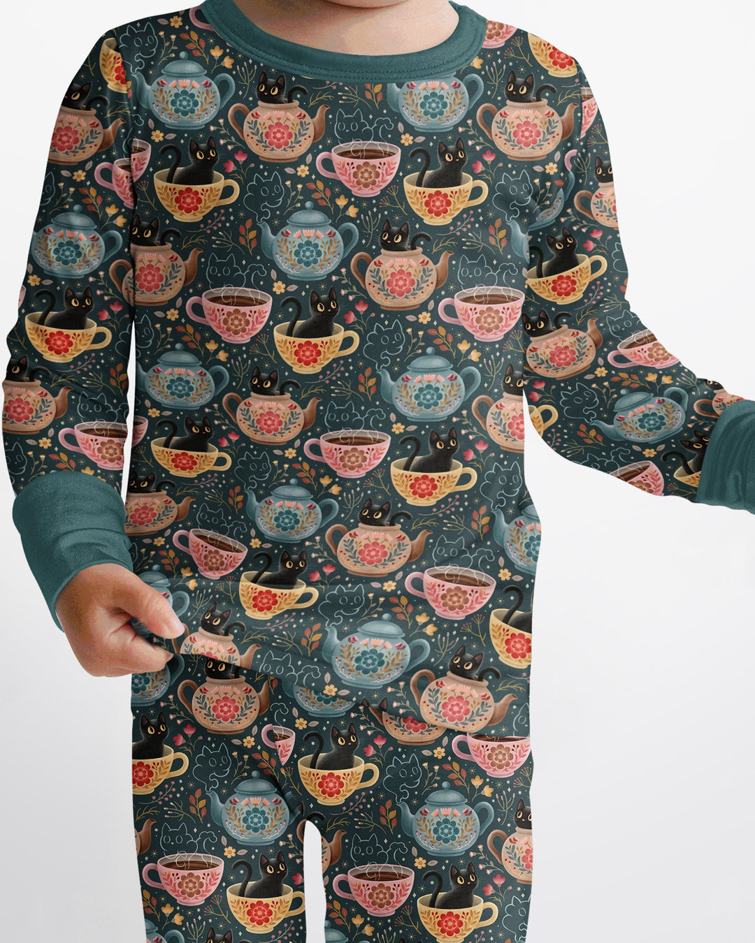 Folk Floral Black Cat Tea Party Bamboo Two Piece Long Sleeve Pajama Set