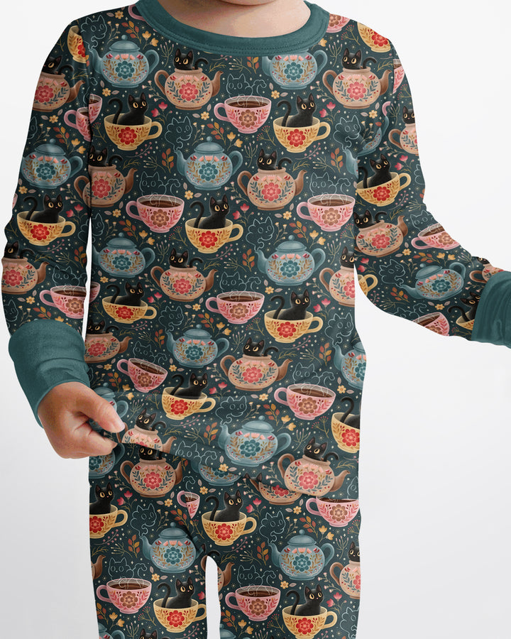 Folk Floral Black Cat Tea Party Bamboo Two Piece Long Sleeve Pajama Set