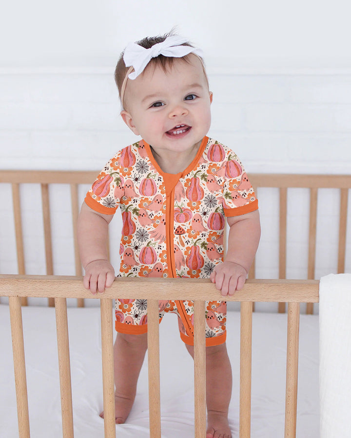 Pink Ghost Pumpkin Fall Floral Halloween Bamboo Shorty Zippy