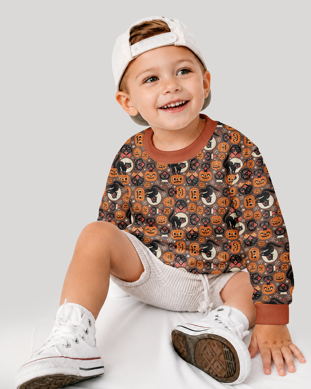Vintage Halloween Black Cat Pumpkin Bamboo Crewneck Sweatshirt