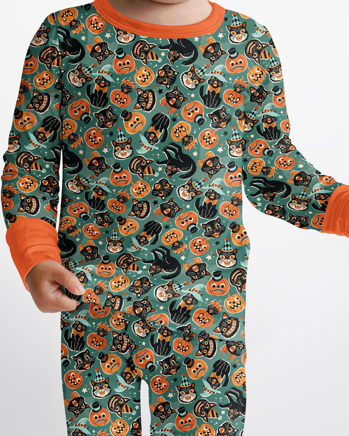 Retro Black Cat Witch Pumpkin Halloween Bamboo Two Piece Long Sleeve Pajama Set