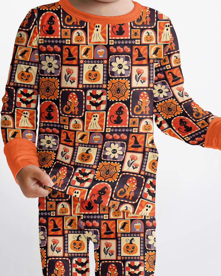Retro Halloween Patchwork Icons Bamboo Two Piece Long Sleeve Pajama Set