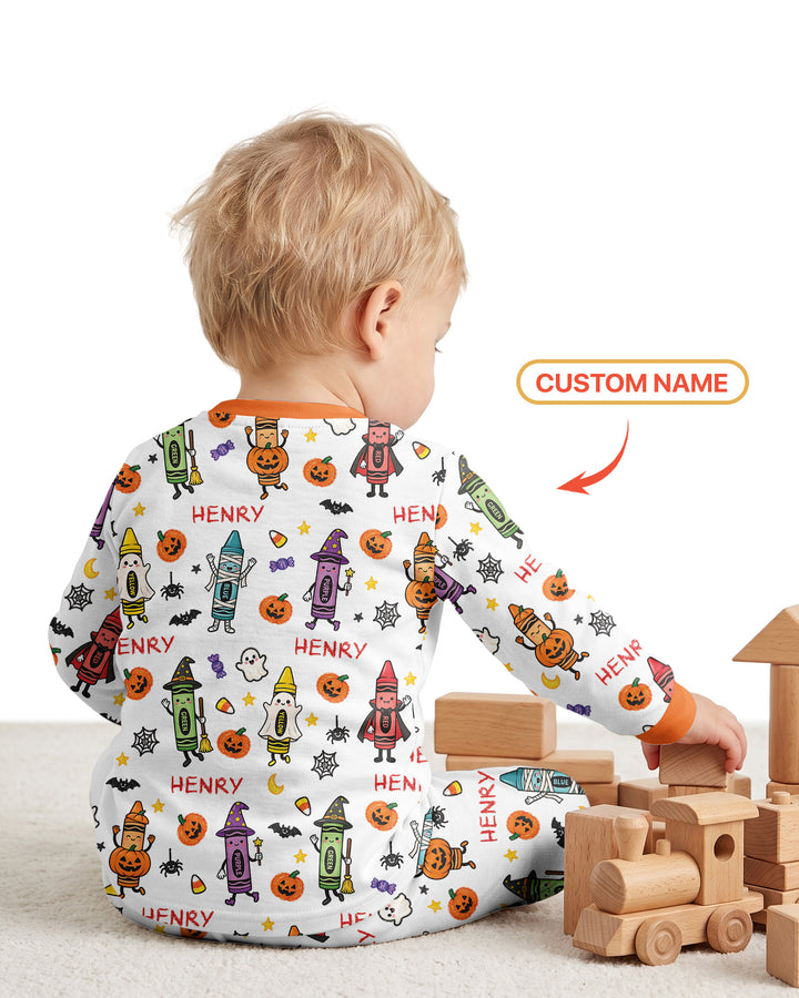 Custom Name Halloween Crayon Bamboo Two Piece Long Sleeve Pajama Set