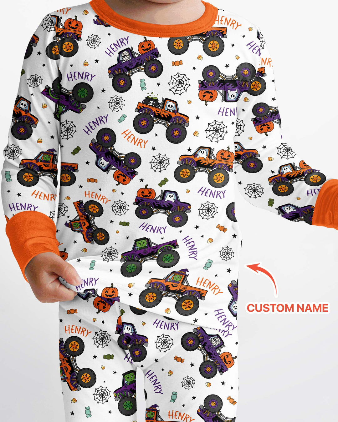 Custom Name Halloween Monster Truck Bamboo Two Piece Long Sleeve Pajama Set