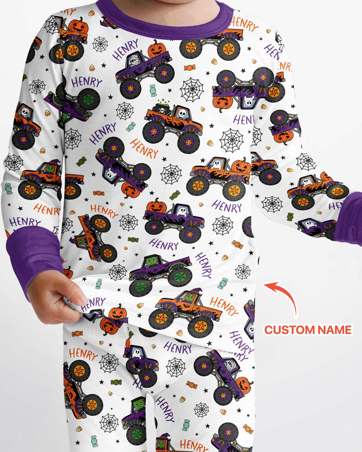 Custom Name Halloween Monster Truck Bamboo Two Piece Long Sleeve Pajama Set