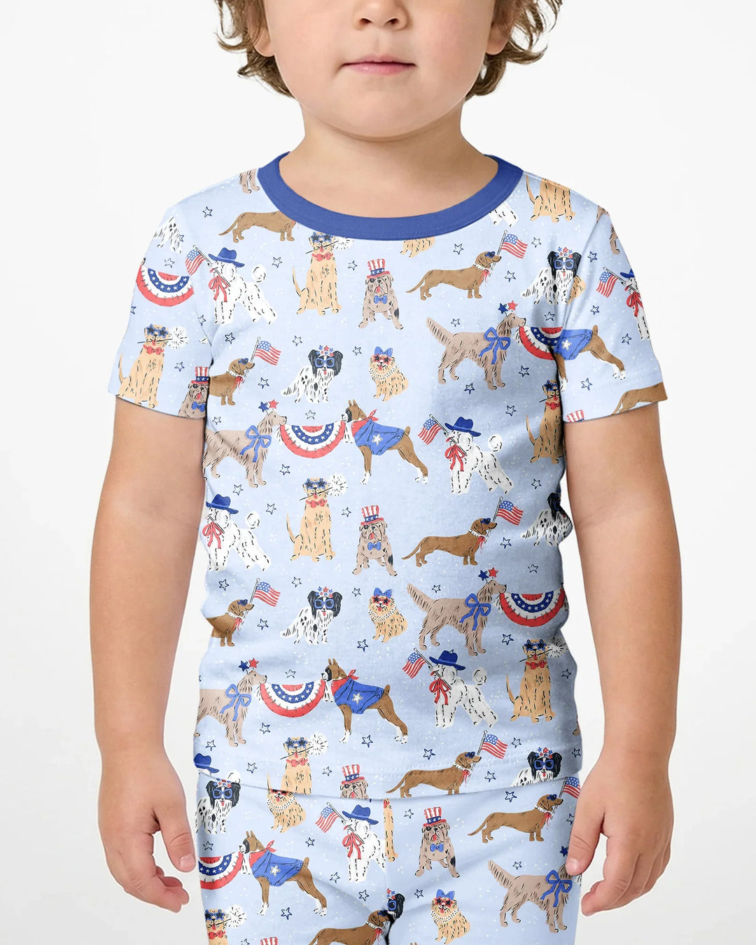 Conjunto de pijama de dos piezas de bambú a juego para la familia, con estampado de "Patriotic Pups", de manga corta y pantalón corto
