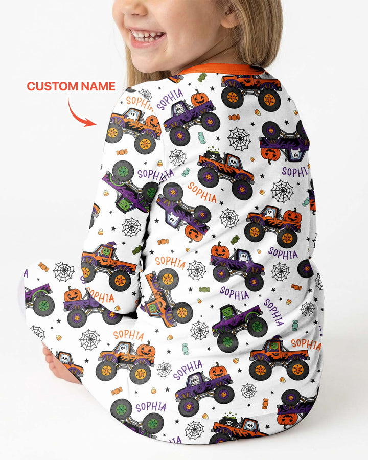 Custom Name Halloween Monster Truck Bamboo Two Piece Long Sleeve Pajama Set