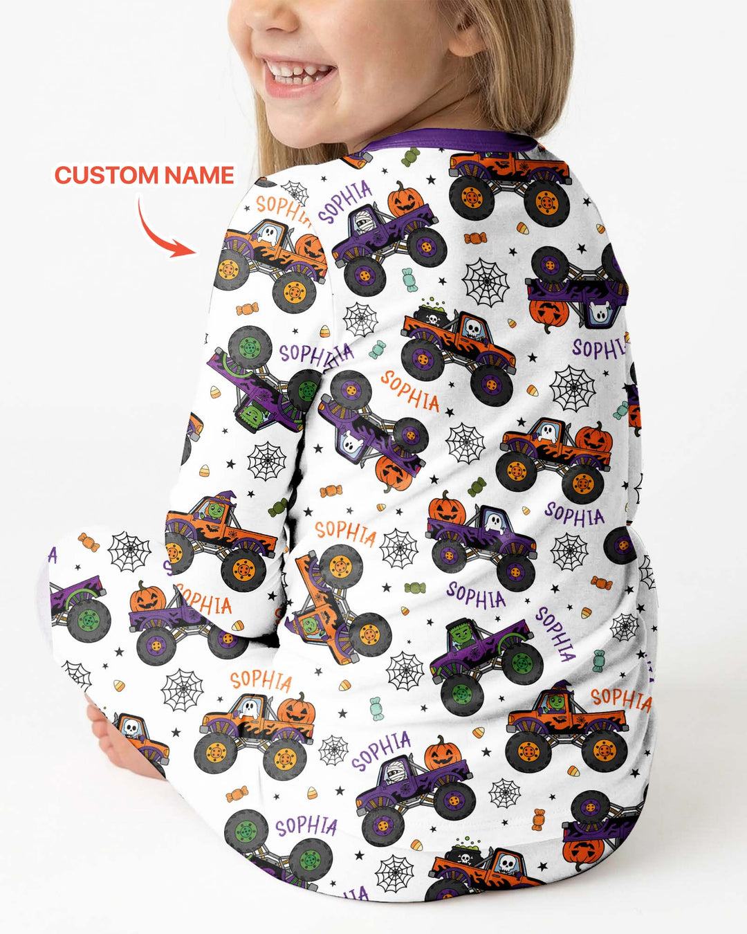Custom Name Halloween Monster Truck Bamboo Two Piece Long Sleeve Pajama Set