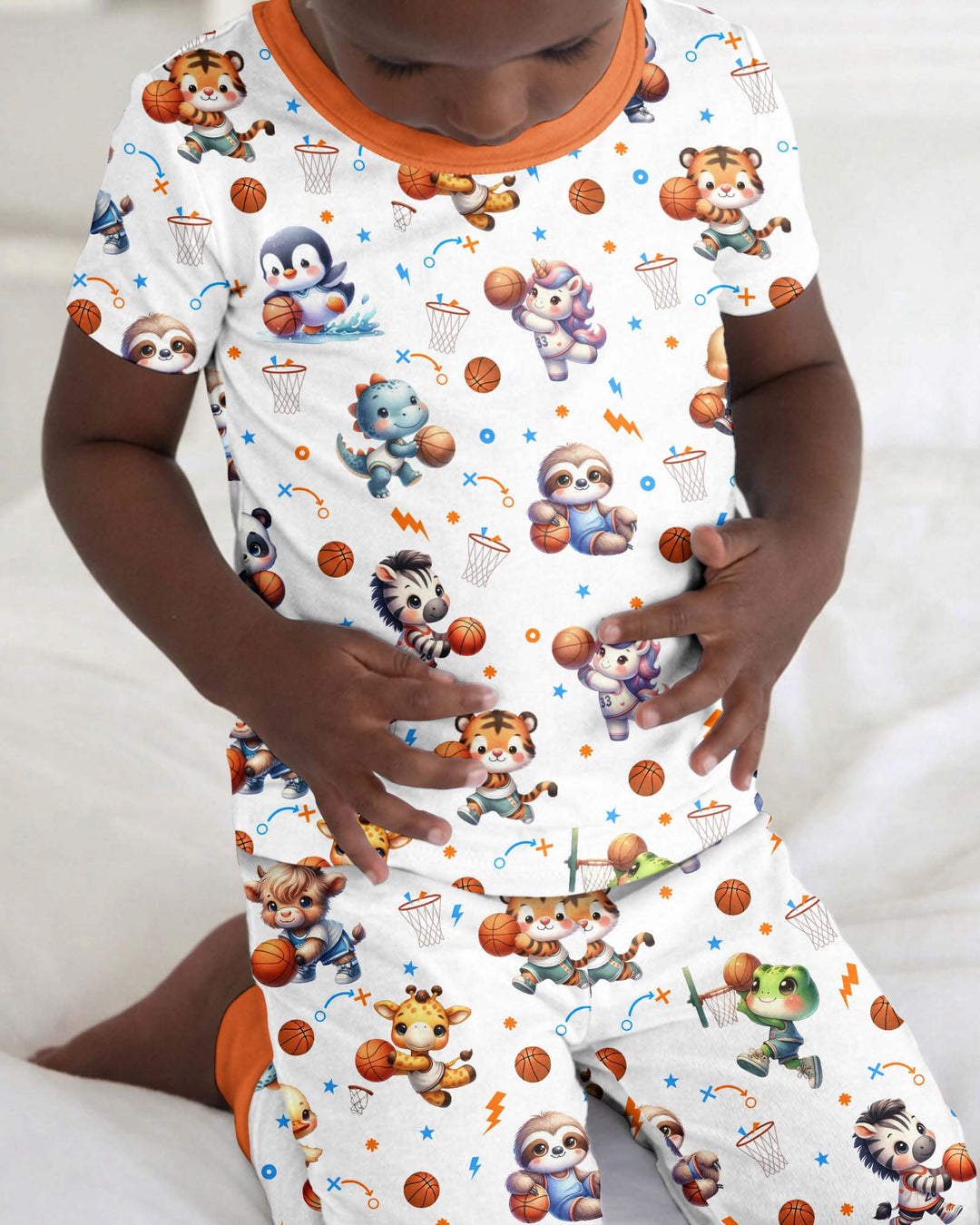 Cartoon Basketball Animals Bamboo Two Piece Short Sleeve Pajama Set