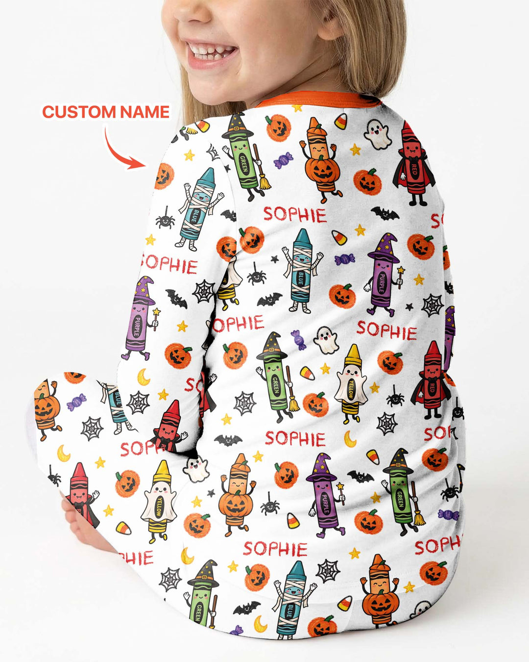 Custom Name Halloween Crayon Bamboo Two Piece Long Sleeve Pajama Set