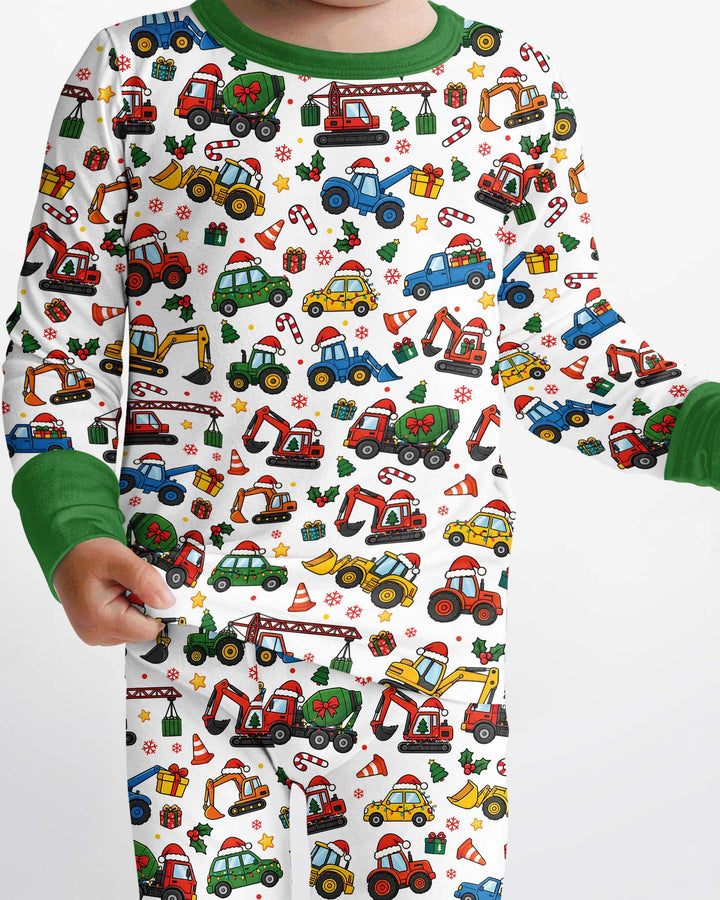 Excavator Christmas Trucks Bamboo Two Piece Long Sleeve Pajama Set