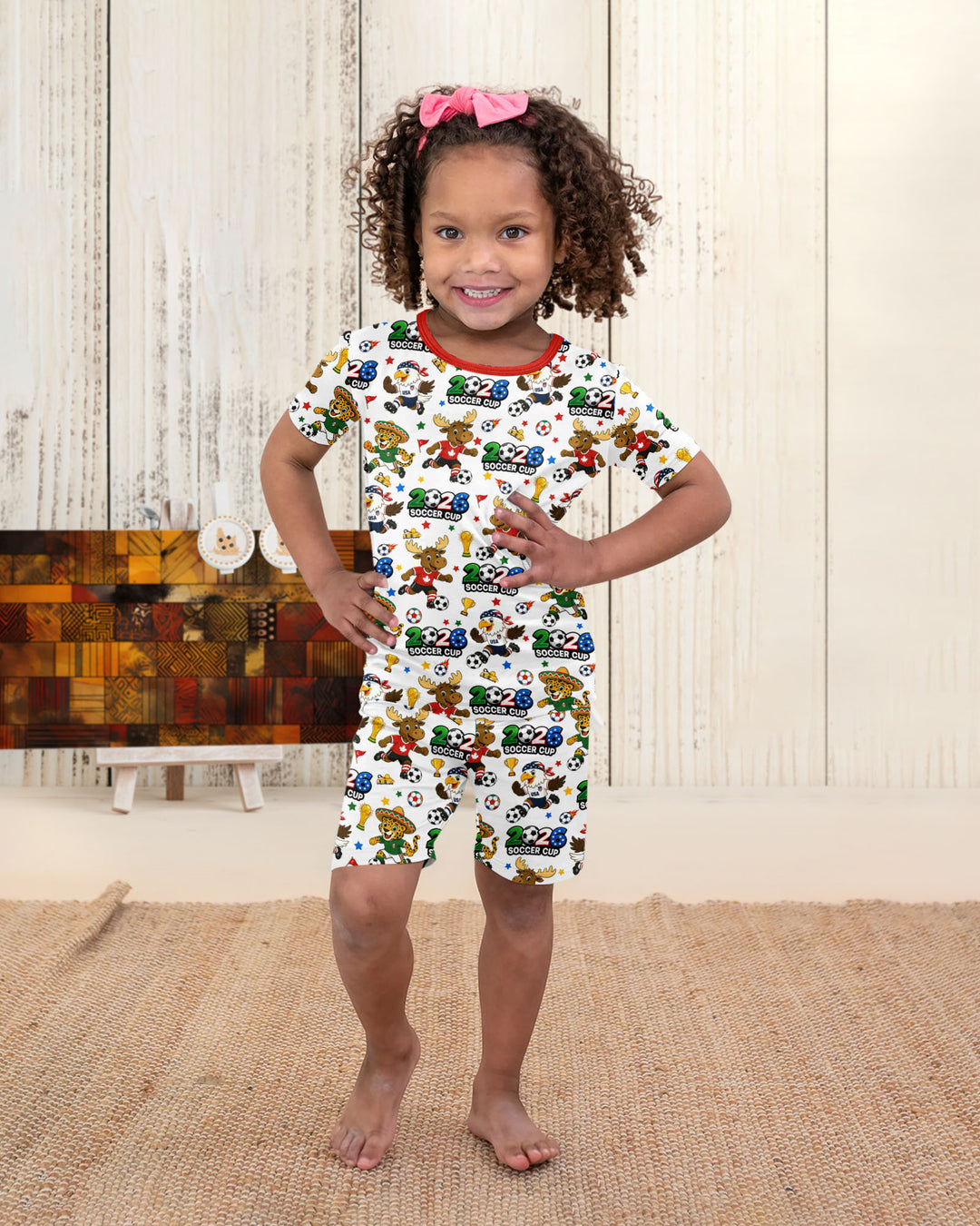 Soccer Cup Cute Mascots Two Piece Short Sleeve Shorts Pajama Set