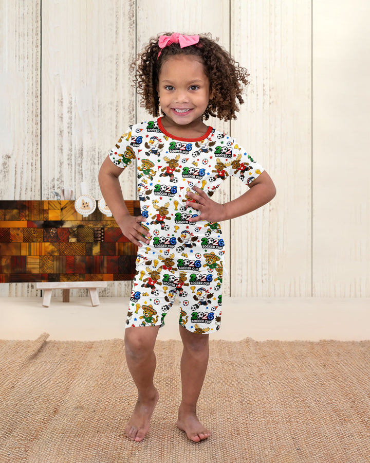 Soccer Cup Cute Mascots Two Piece Short Sleeve Shorts Pajama Set