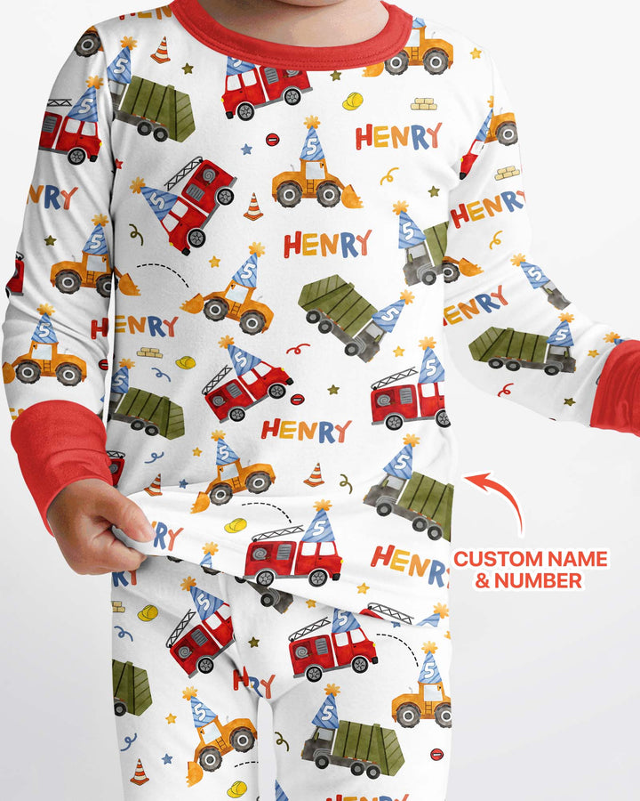 Personalized Birthday Trucks Bamboo Two Piece Long Sleeve Pajama Set