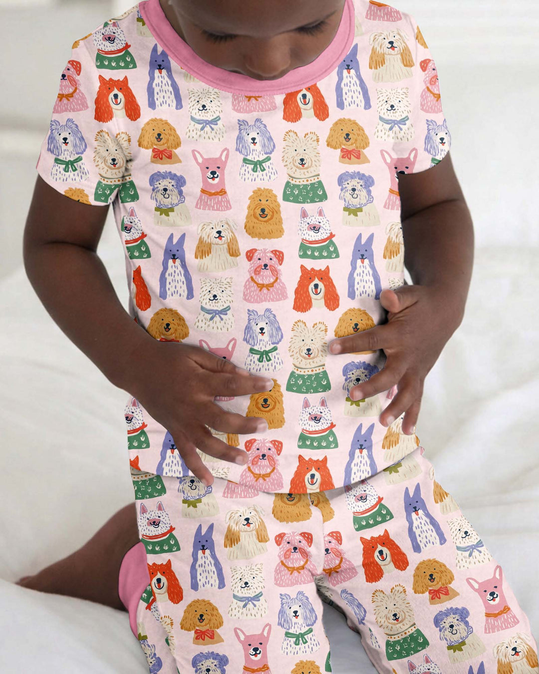 Whimsical Puppy Parade Family Matching Bamboo Two Piece Short Sleeve Pajama Set