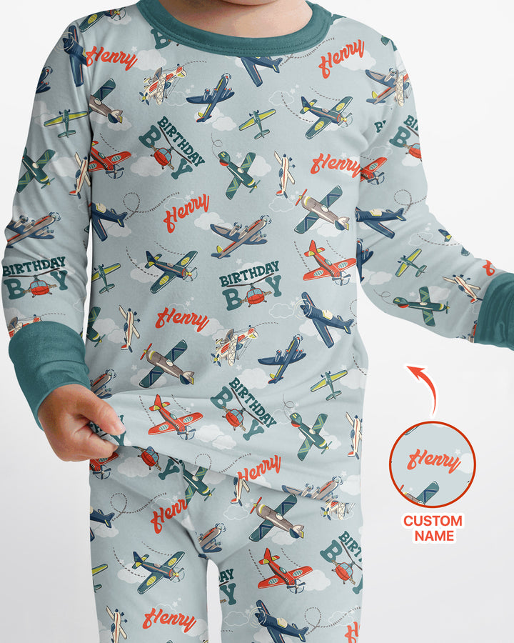 Personalized Airplane Birthday Boy Bamboo Two Piece Long Sleeve Pajama Set