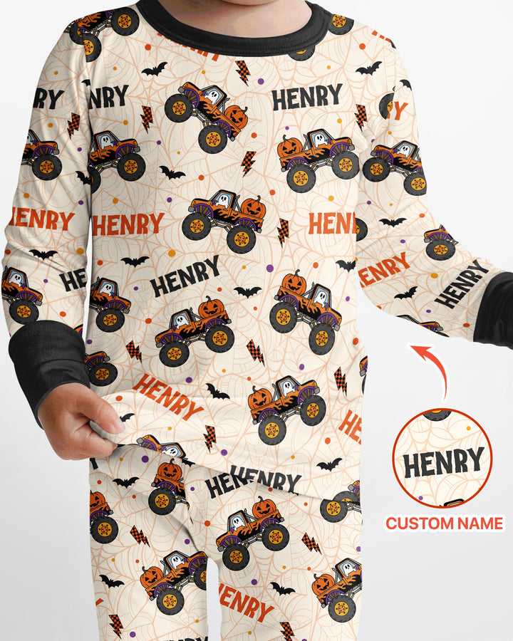 Custom Name Halloween Monster Truck Bamboo Two Piece Long Sleeve Pajama Set