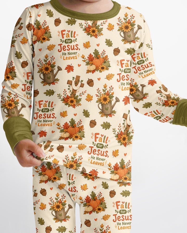 Fall For Jesus He Never Leaves Bamboo Two Piece Long Sleeve Pajama Set