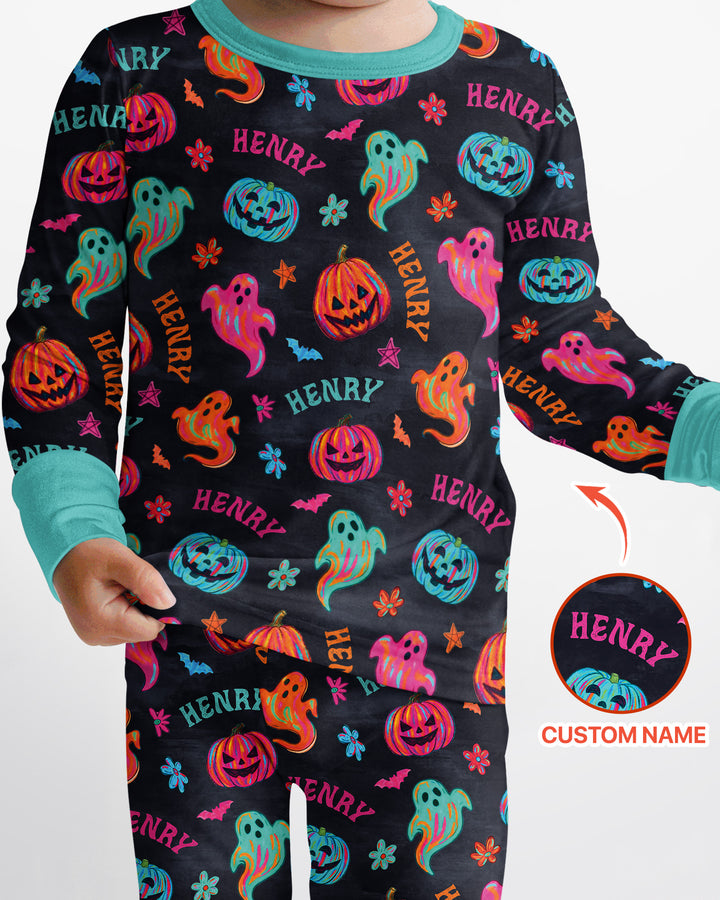 Custom Name Preppy Neon Pumpkin Bamboo Two Piece Long Sleeve Pajama Set