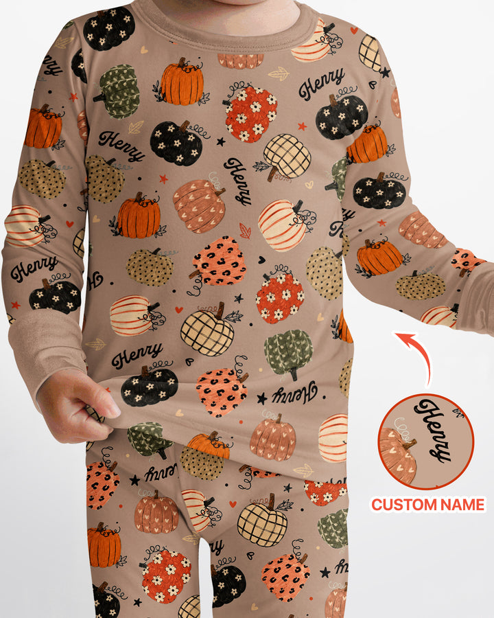 Custom Name Boho Pumpkin Bamboo Two Piece Long Sleeve Pajama Set