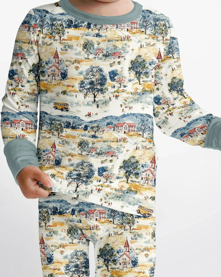 Whimsical Watercolor School Village Bamboo Two Piece Long Sleeve Pajama Set