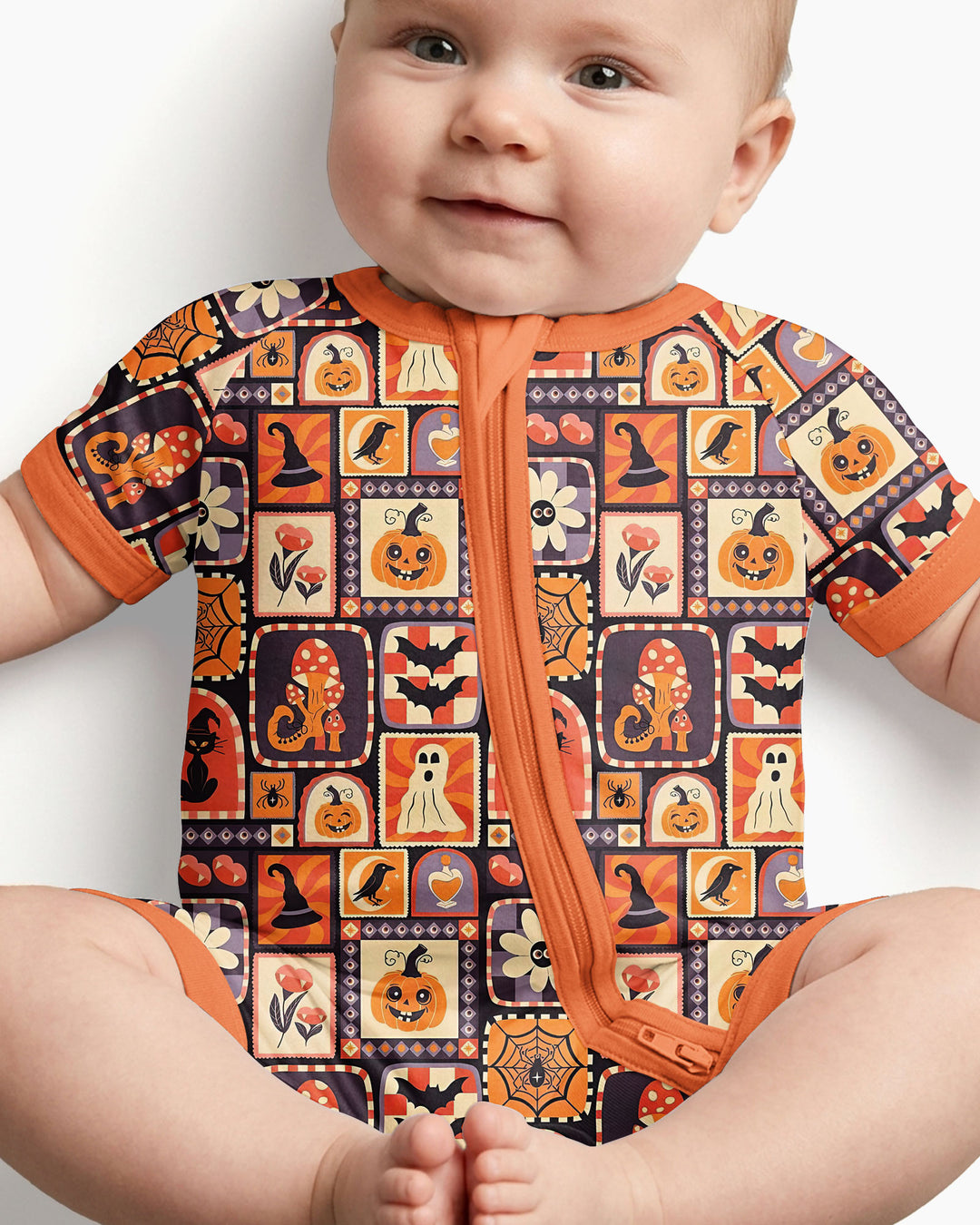 Retro Halloween Patchwork Icons Bamboo Shorty Zippy