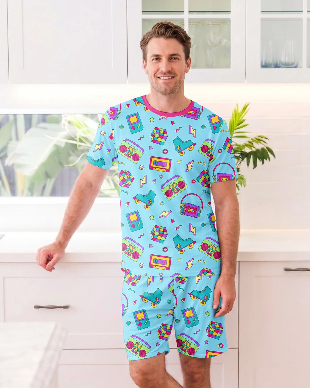 80s Retro Neon Bamboo Men Short Sleeve Short Pajama Set