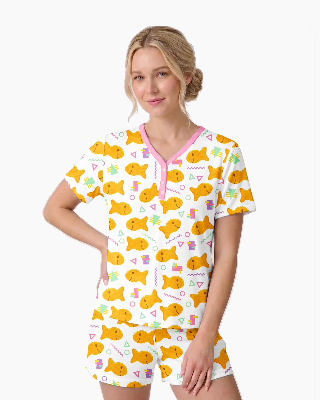 Cheesy Fishies Family Matching Bamboo Women Short Sleeve Short Pajama Set
