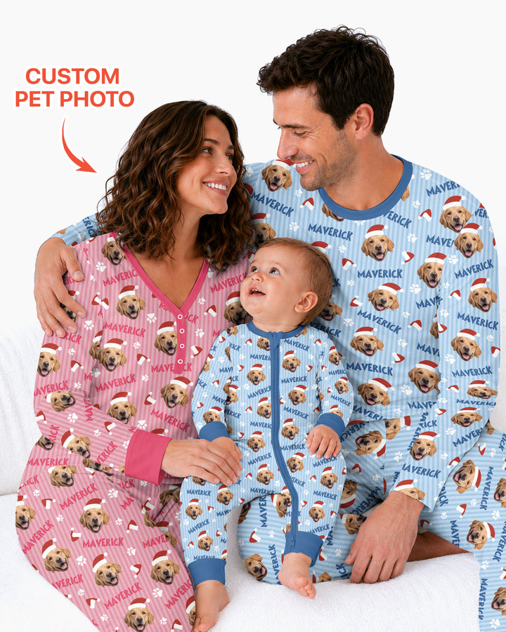Custom Pet Photo Christmas Paws Stripe Bamboo Women Pajama Set