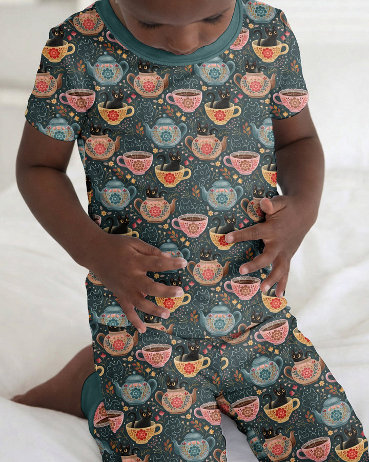 Folk Floral Black Cat Tea Party Bamboo Two Piece Short Sleeve Pajama Set