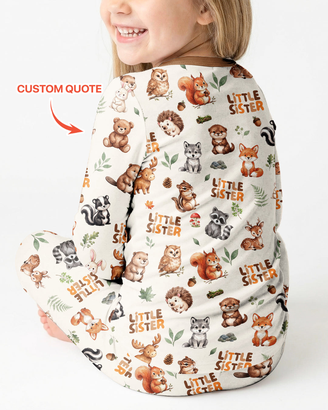 Custom Quote Woodland Animal Matching Sibling Bamboo Two Piece Long Sleeve Pajama Set
