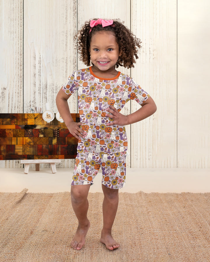 Ghost Pumpkin Fall Floral Halloween Bamboo Two Piece Short Sleeve Shorts Pajama Set