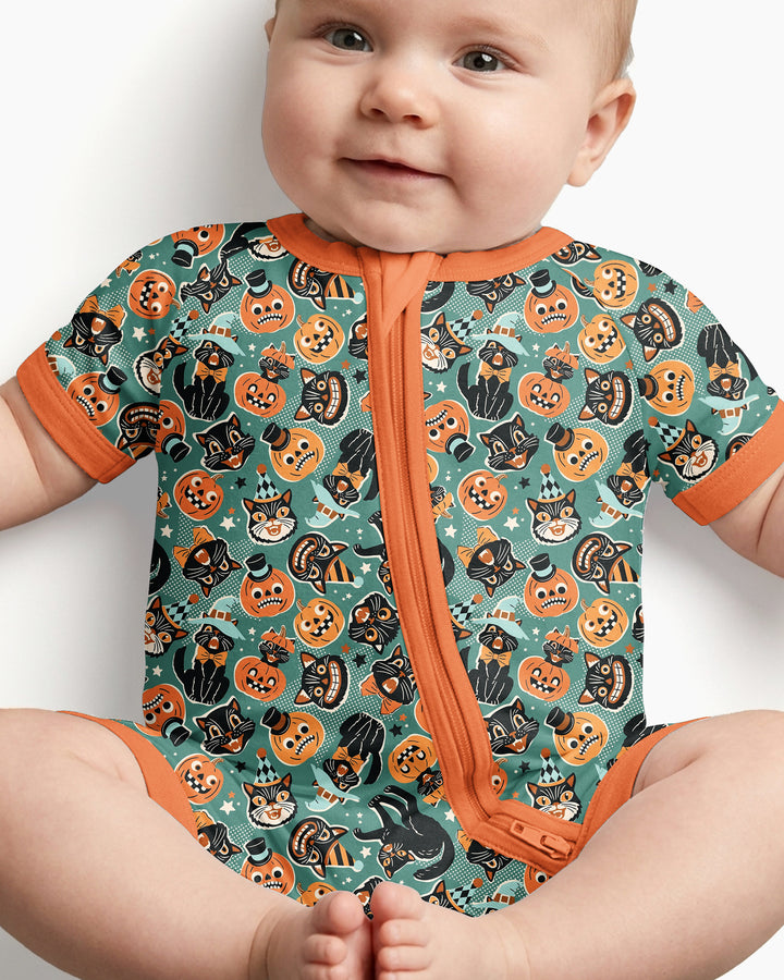Retro Black Cat Witch Pumpkin Halloween Bamboo Shorty Zippy