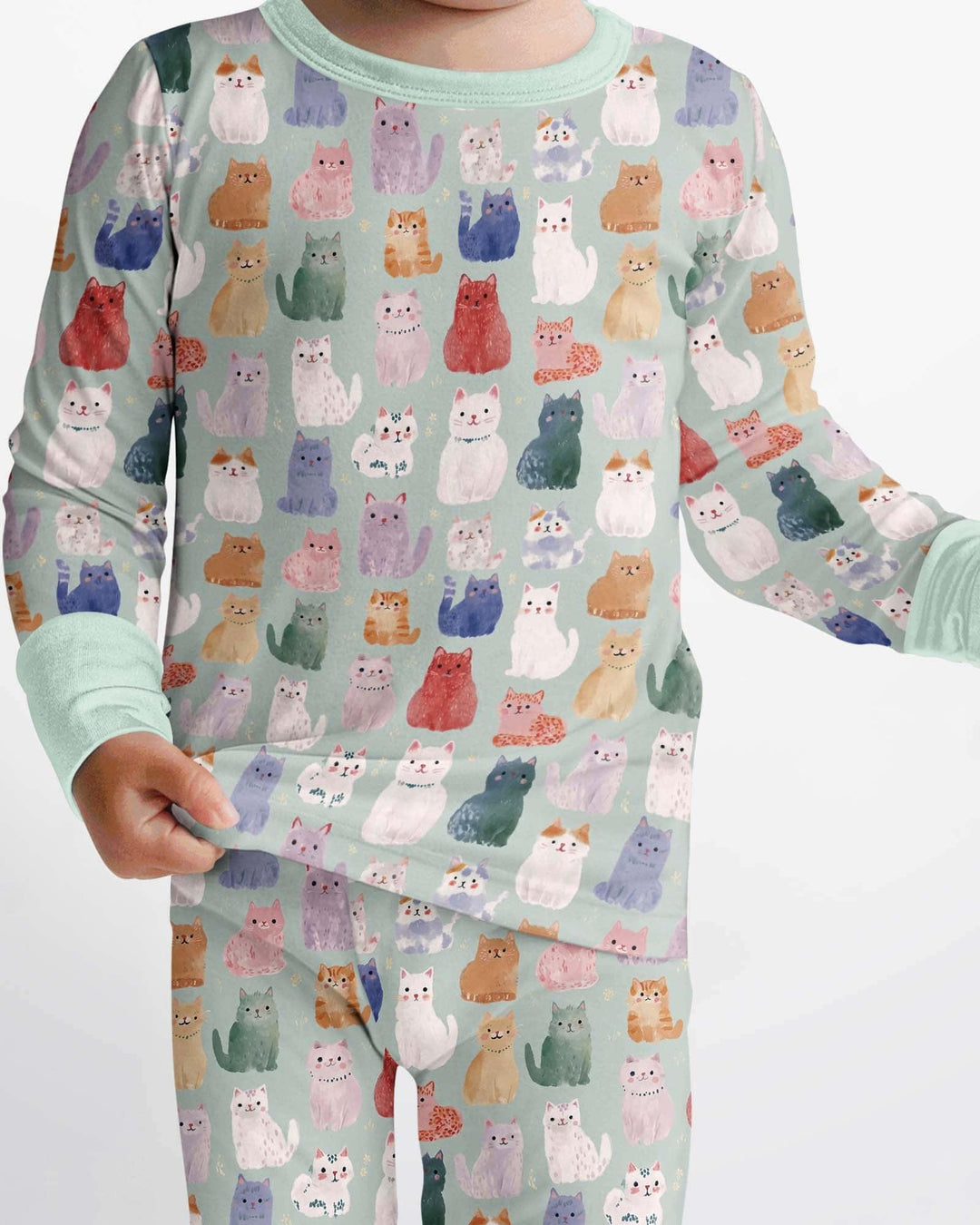 Conjunto de pijama de dos piezas de bambú de manga larga a juego familiar de gatitos felices encantados