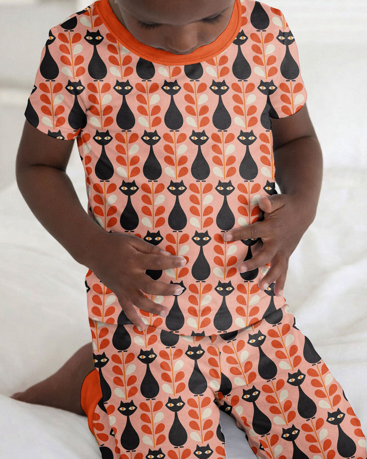 Retro Black Cat Garden Bamboo Two Piece Short Sleeve Pajama Set