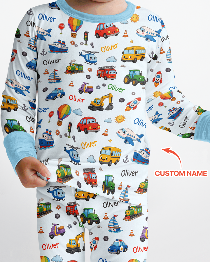 Custom Name Cute Transport Bamboo Two Piece Long Sleeve Pajama Set