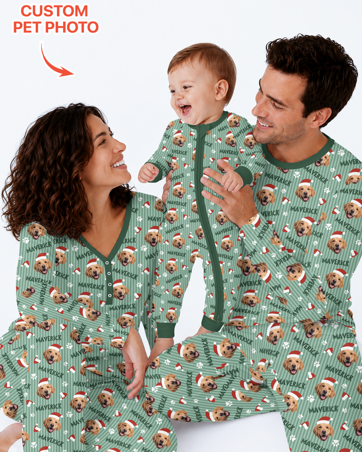 Custom Pet Photo Christmas Paws Stripe Bamboo Men's Pajama Set