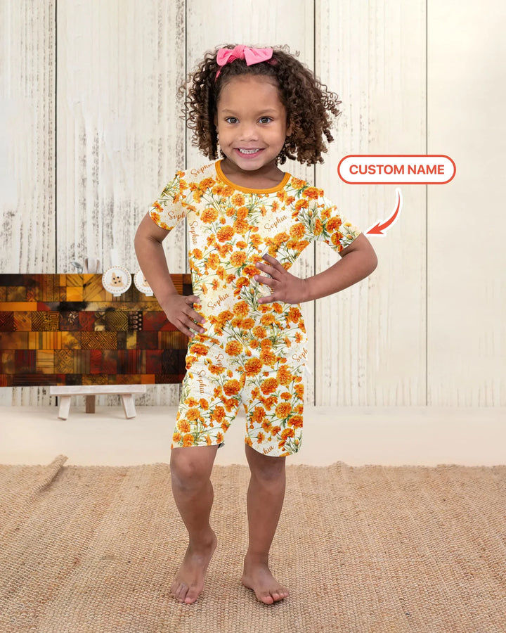 Custom Name Birth Month Flowers Bamboo Two Piece Short Sleeve Shorts Pajama Set