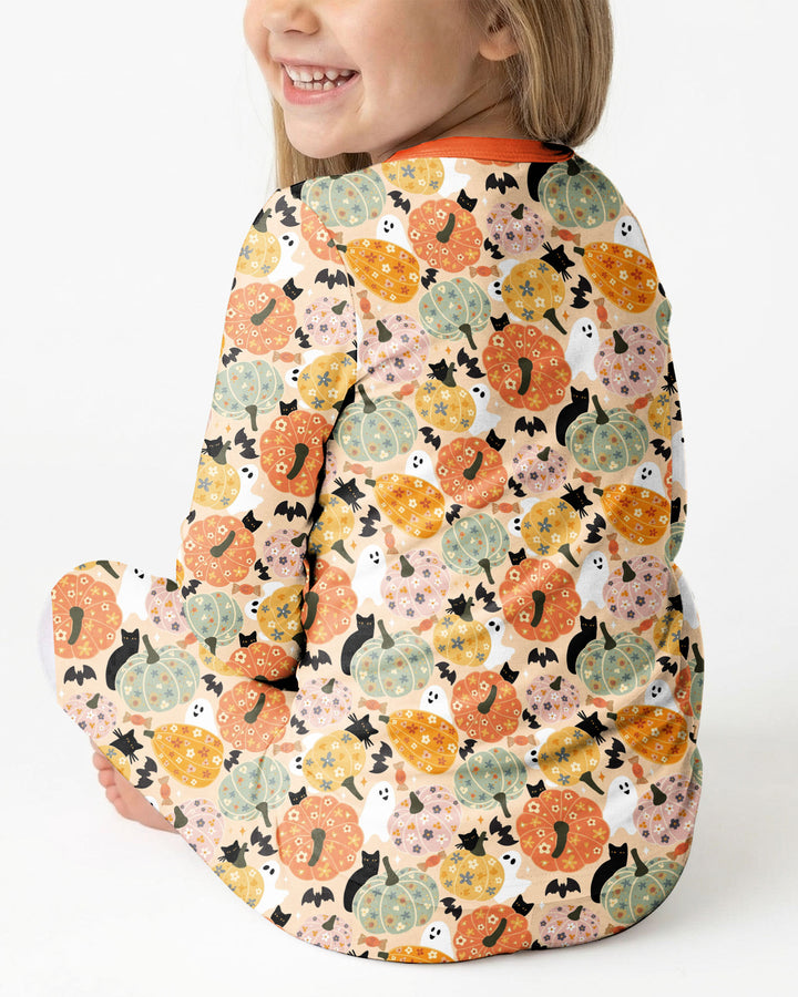 Floral Pumpkin Ghost Halloween Bamboo Two Piece Long Sleeve Pajama Set