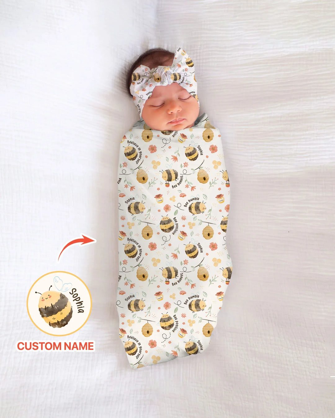 Manta para bebé "Bee Kind" con nombre personalizado