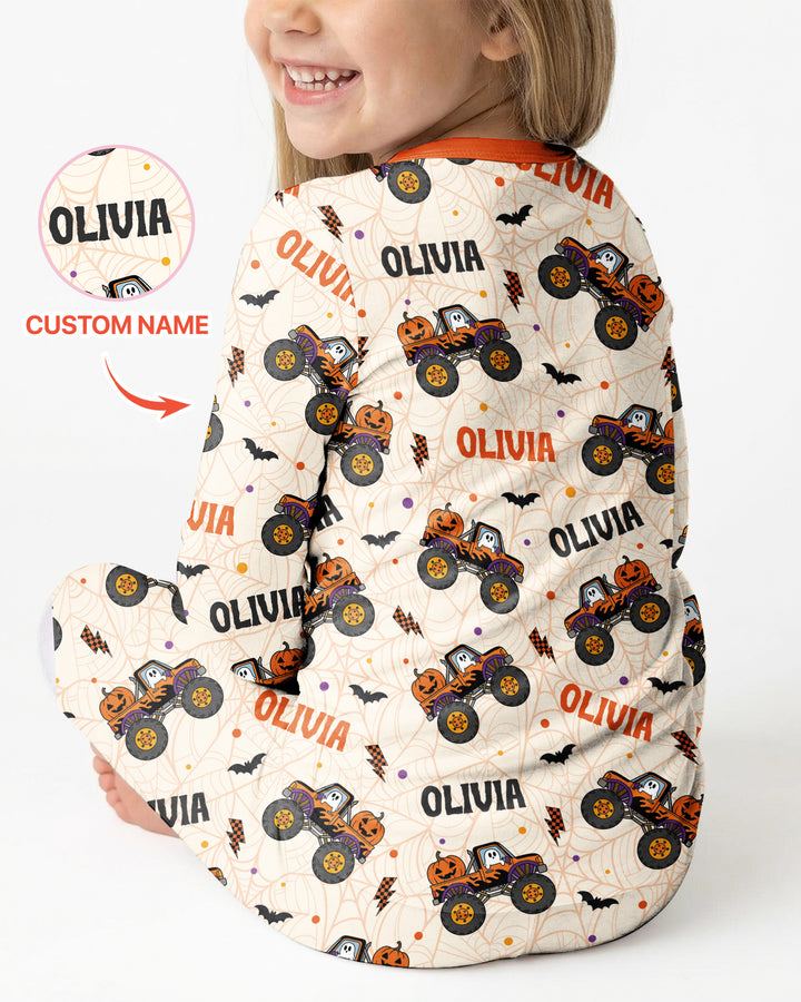 Custom Name Halloween Monster Truck Bamboo Two Piece Long Sleeve Pajama Set