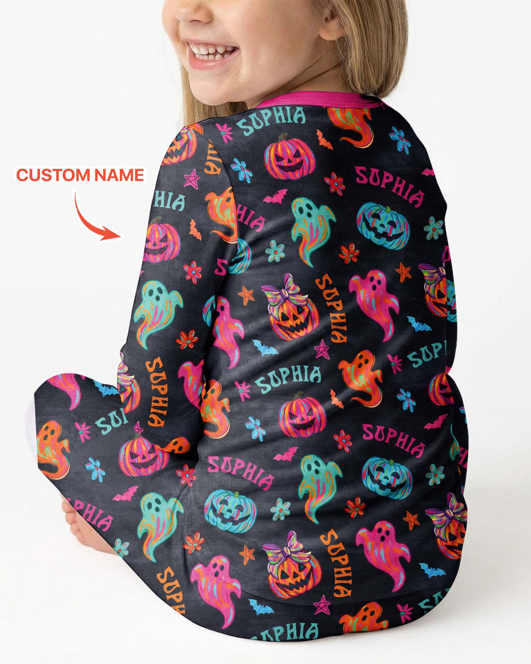 Custom Name Preppy Neon Pumpkin Bamboo Two Piece Long Sleeve Pajama Set