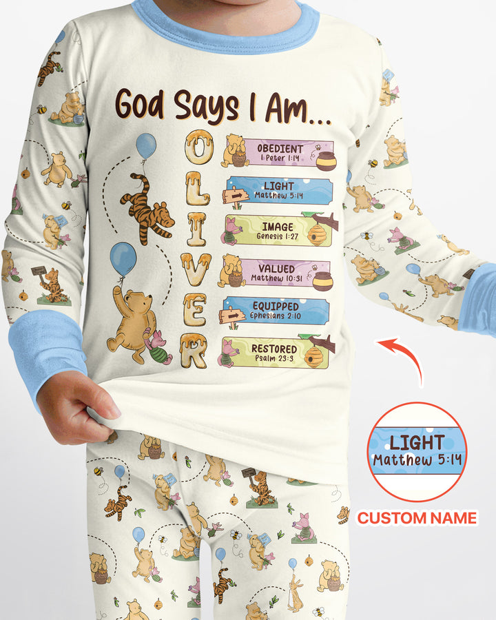 God Says I Am - Blessing Bear Bamboo Two Piece Long Sleeve Pajama Set