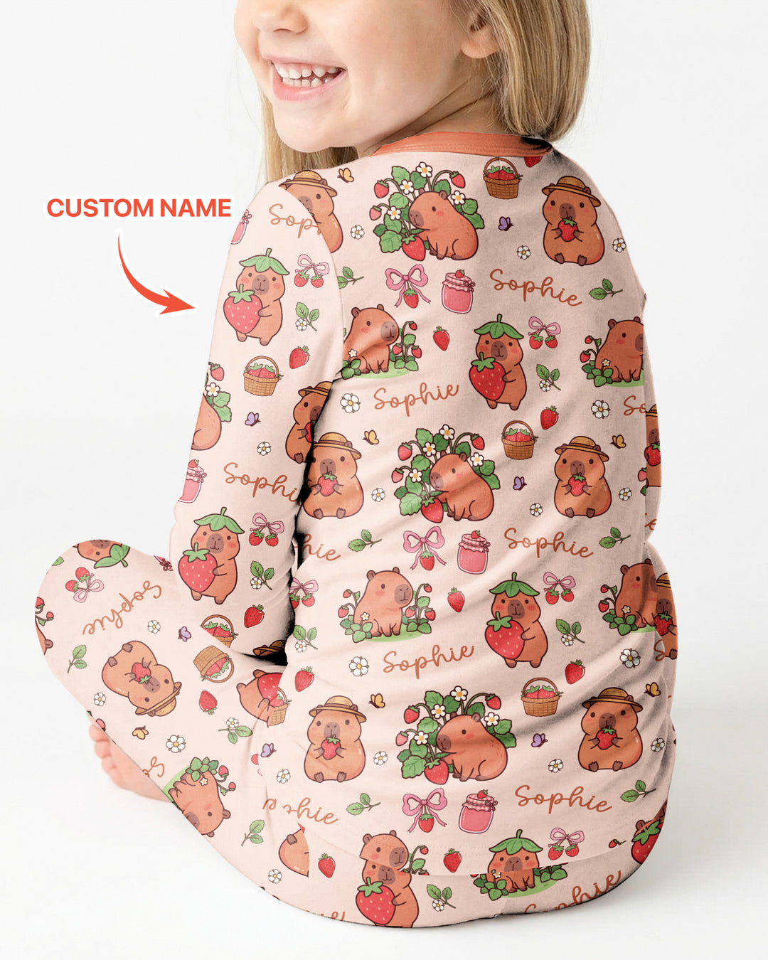 Custom Name Capybara Strawberry Bamboo Two Piece Long Sleeve Pajama Set