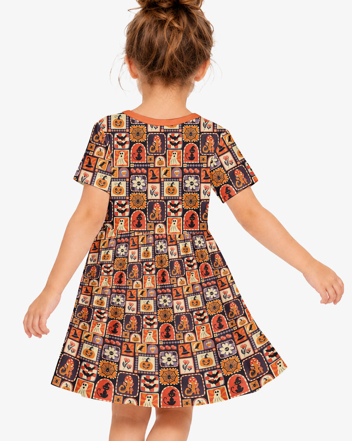 Retro Halloween Patchwork Icons Bamboo Twirl Dress