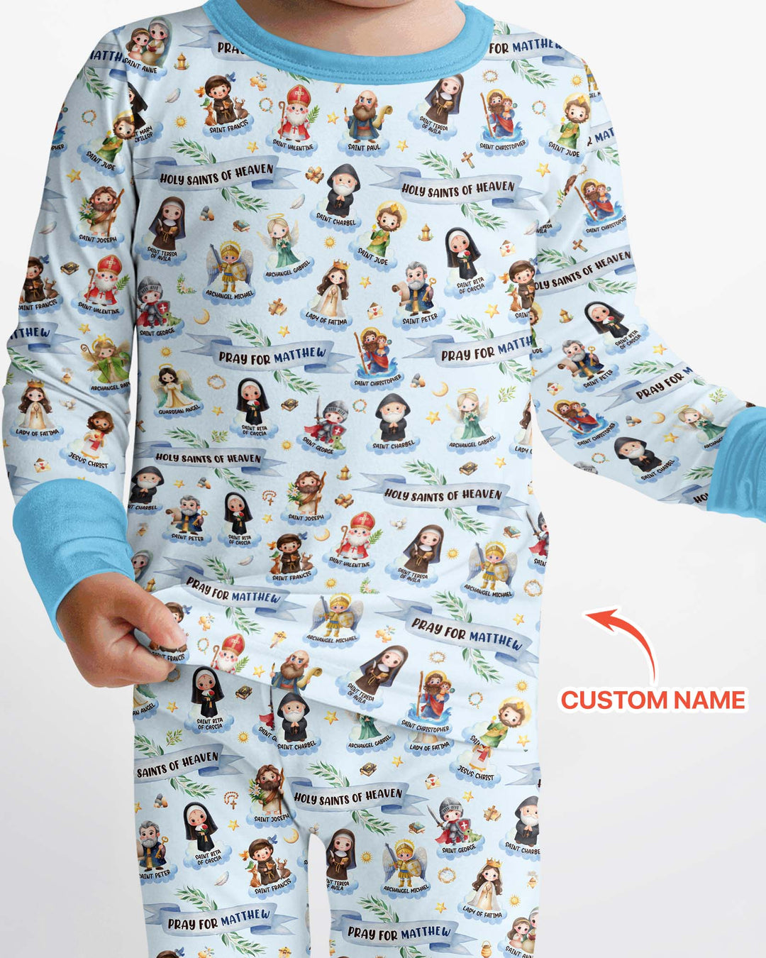 Santas y Santos del Cielo Juego de Pijama de Dos Piezas de Bambú de Manga Larga con Nombre Personalizado