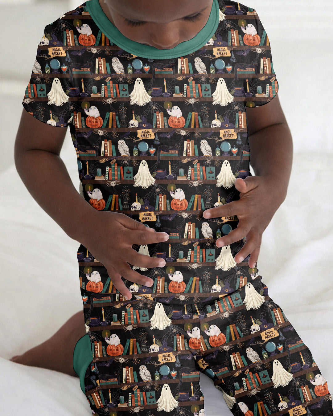 Cute Ghost Witchy Halloween Magic Library Bamboo Two Piece Short Sleeve Pajama Set