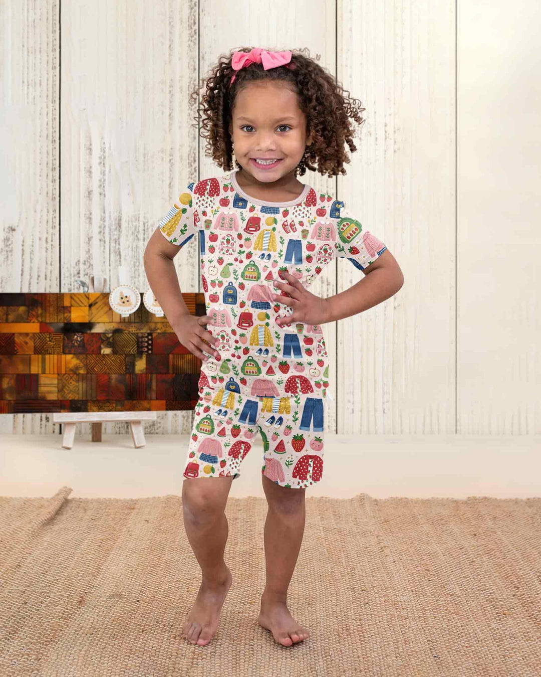 Strawberry School Style Bamboo Two Piece Short Sleeve Shorts Pajama Set
